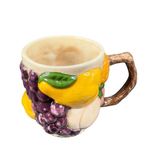 Vintage 1969 Hand Glazed Painted Ceramic Mugs Cups Set 3 Fruit Whimsical Signed - Picture 2 of 14